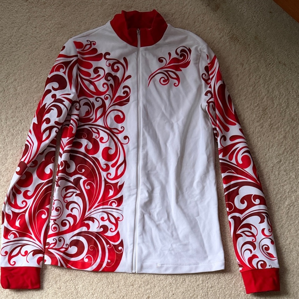 White Zip Figure Skating Jacket with Red Swirl Design
